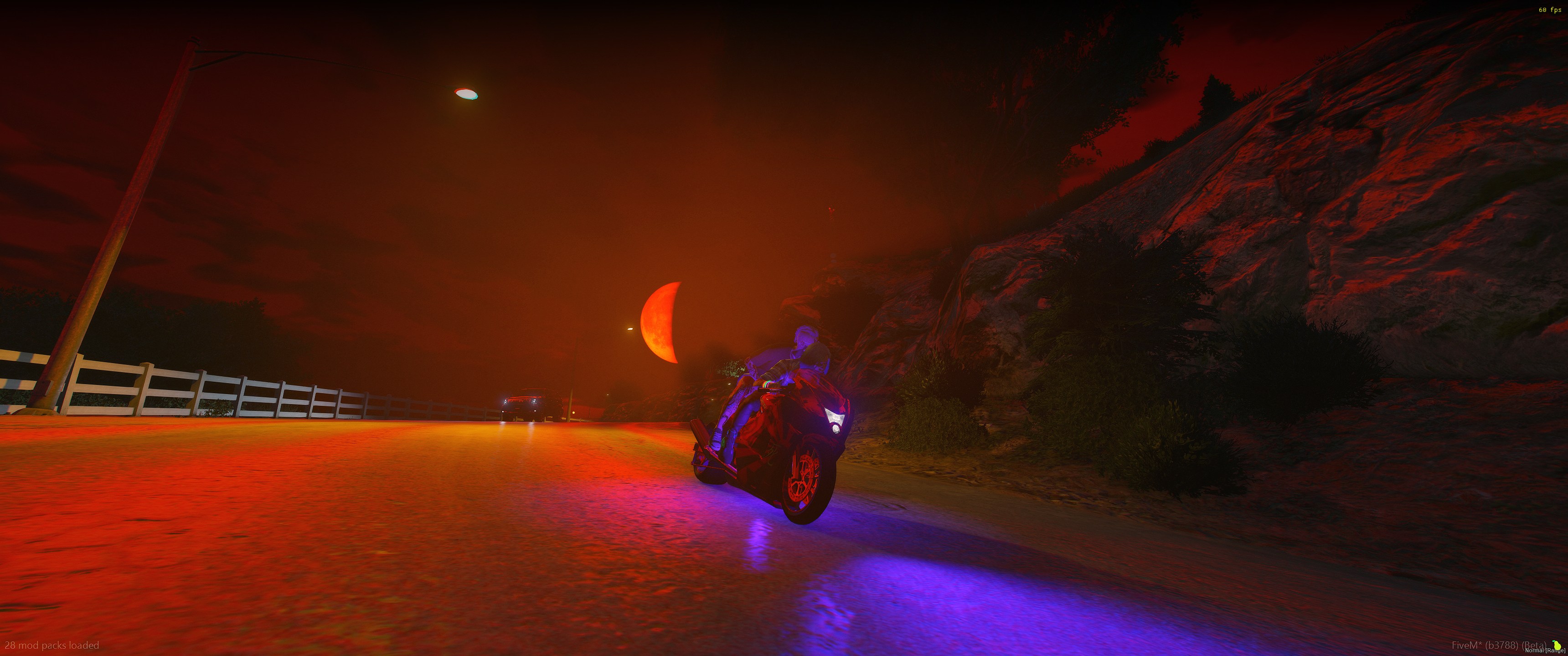 A motorcycle rider on a hillside road under an orange moon, with purple light spilling across the pavement